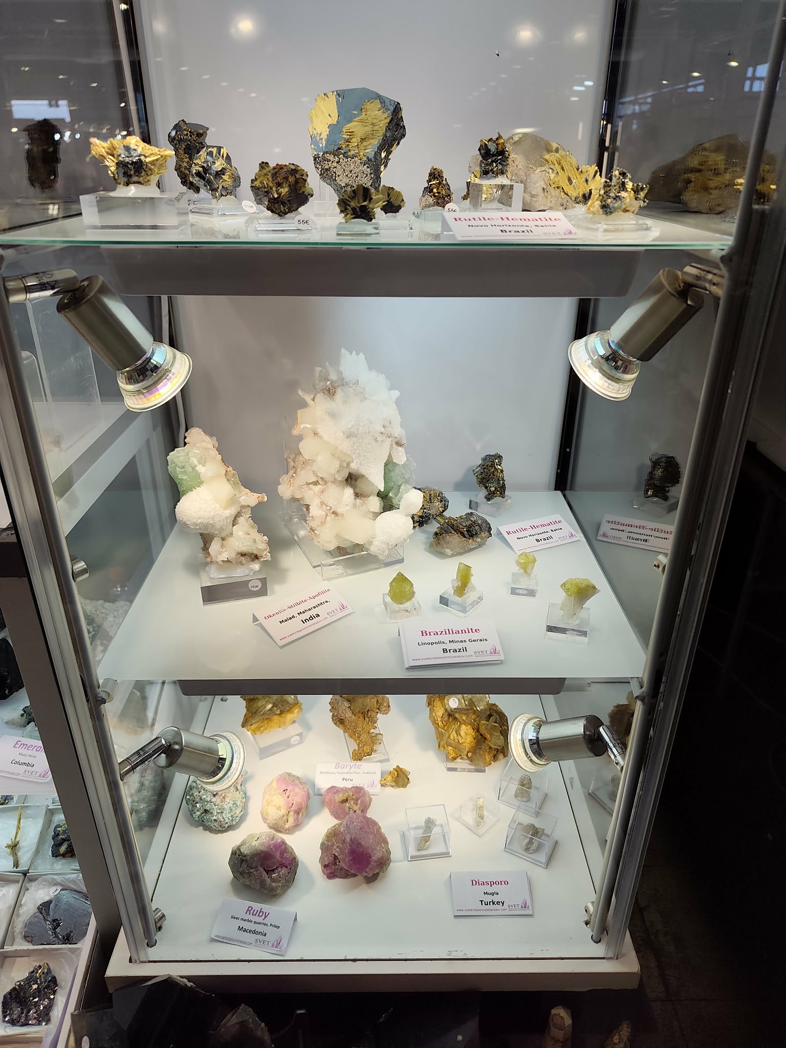 Crystal World illuminated display case at mineral fair
